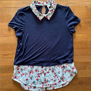 Elle Navy and Floral Women's Blouse with Keyhole Back